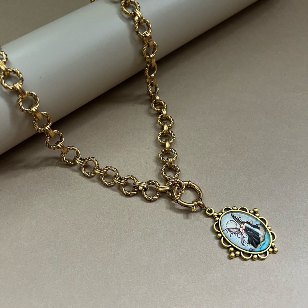 Fairycore Fairy Pendant Statement Necklace: Resin Pendant, Gold Stainless Steel